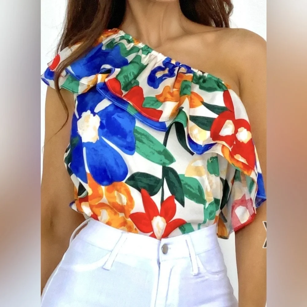 Colorful and Summer TCEC Blue and Orange Asymmetrical Ruffled Blouse - Picture 1 of 9